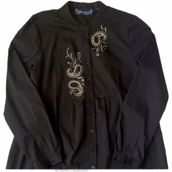 Susan Graver Black Button Down Top Silver Rhinestone Embellished Women’s Medium - Picture 2 of 6